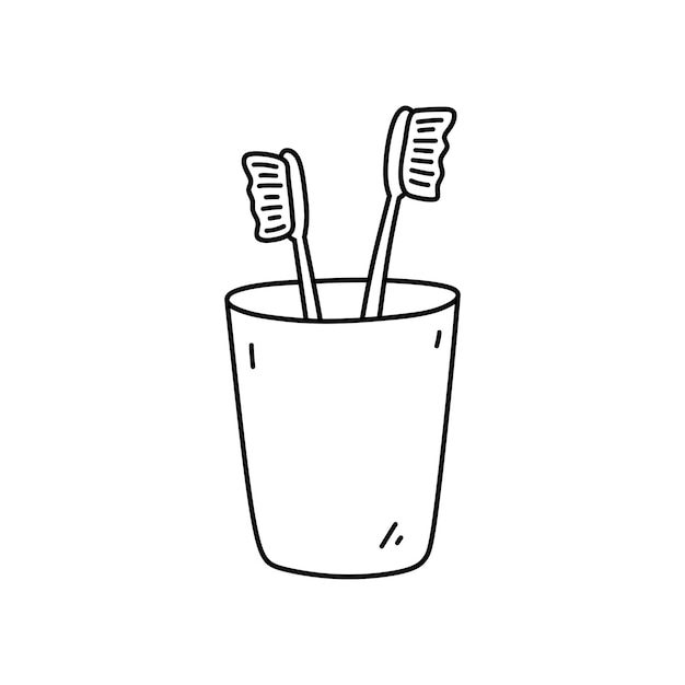 Toothbrushes in a cup isolated on white background Oral hygiene hand drawn illustration doodle style