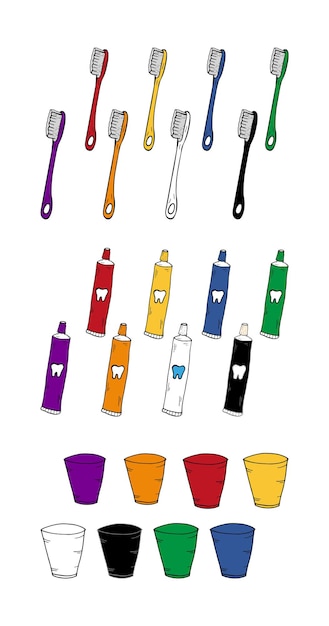 Toothbrushes toothpaste mouthwash colorful vector illustration Doodle style