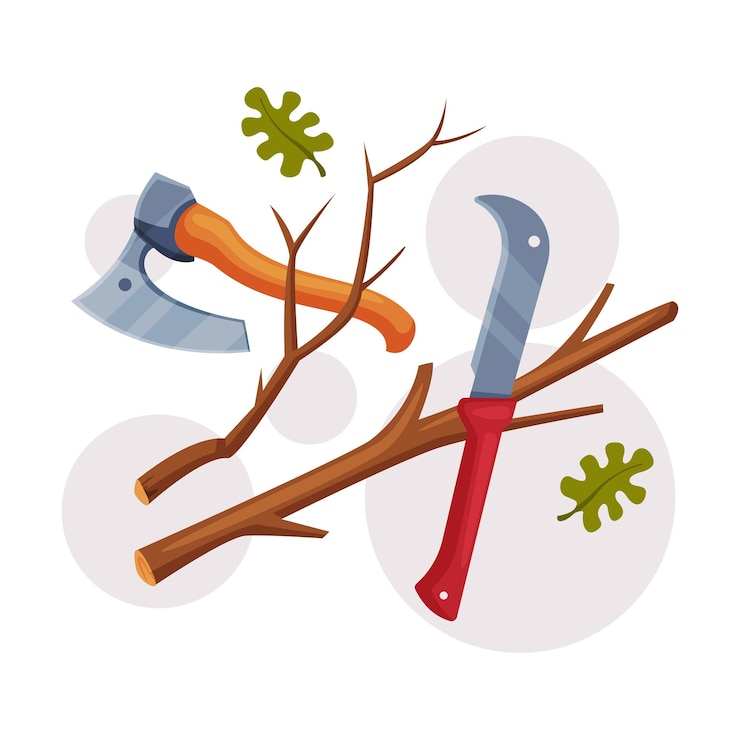 Vector toothed blade and ax with wooden handle as wood chopping implement vector composition