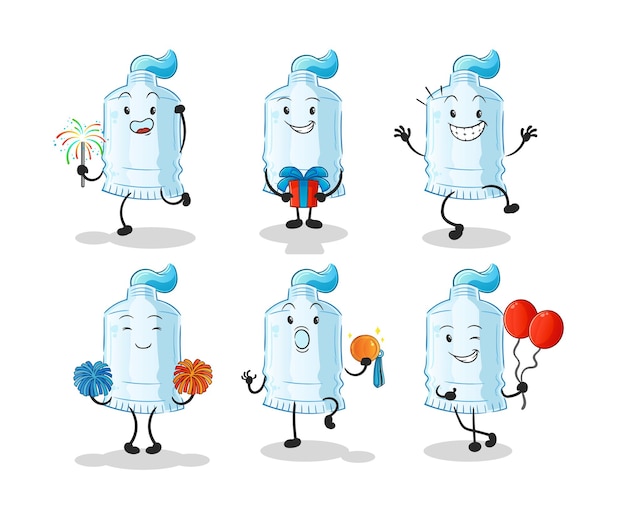 Набор символов празднования зубной пасты. мультфильм талисман вектор