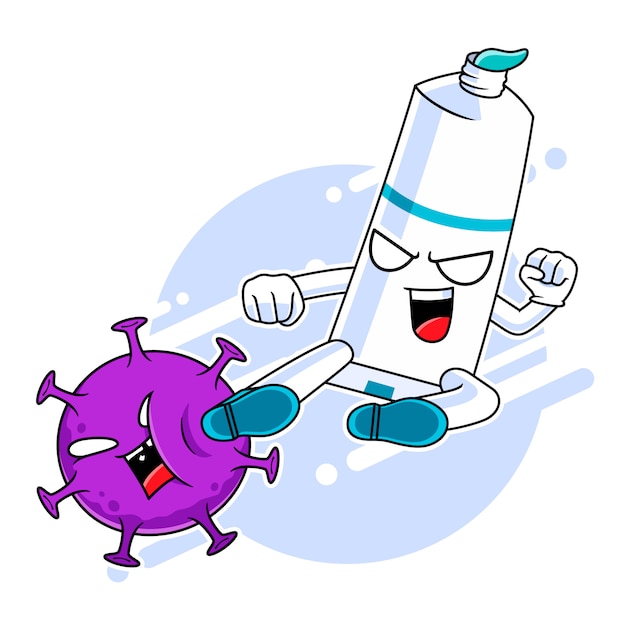 Toothpaste mascot character kicking corona virus, fight against virus concept