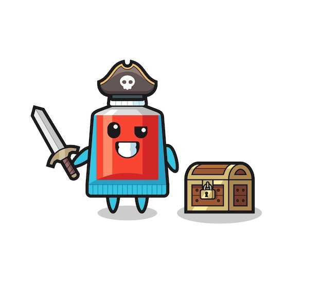 The toothpaste pirate character holding sword beside a treasure box