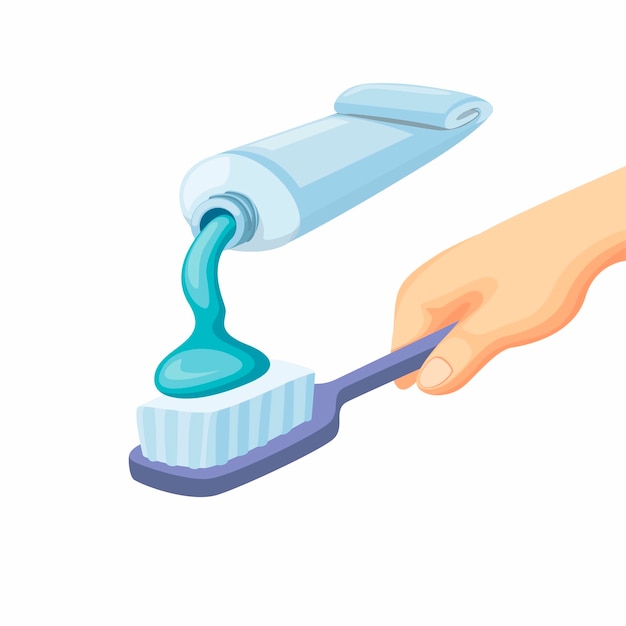 Toothpaste on Toothbrush on Hand. Cleaning Teeth, Dental Care in Cartoon illustration   isolated in White Background