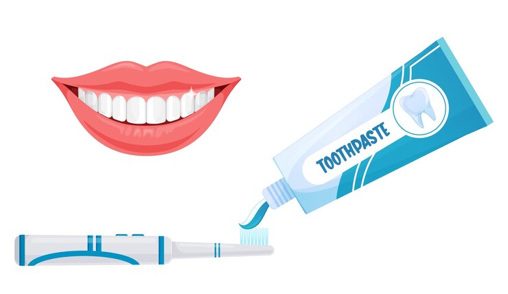 Vector toothpaste and toothbrush with smiling mouth oral hygiene medical and dentistry healthcare