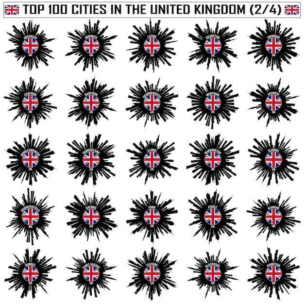 Vector top 100 city skyline silhouettes in united kingdom flag sticker emblem badge travel souvenir part 2