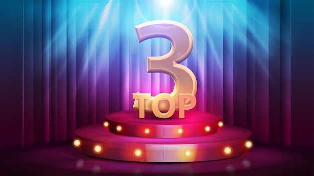 Vector top 3 banner with red podium with award bulb lights and spotlight on background with curtain