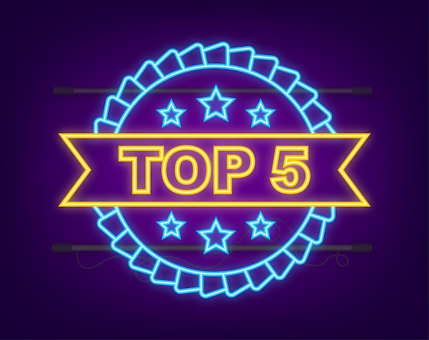 Top 5 label neon golden laurel wreath icon vector stock illustration