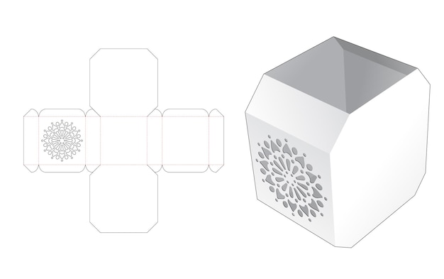 Top and bottom chamfered stenciled container box die cut template and 3D mockup