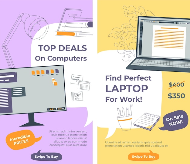 Top deals on computers find perfect laptop for work swipe to buy from shop online order and delivery to door gadgets and device for office and home freelancers template vector in flat style