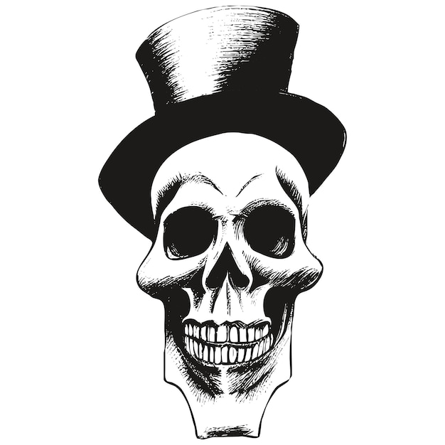 Top hat skull tattoo picture vector hand drawn black and white clip art