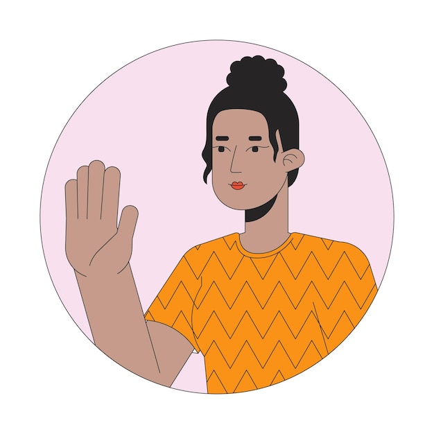 top knot black girl saying hi 2d line vector avatar illustration african american woman positive greeting outline cartoon character face stop hand nonverbal flat color user profile image isolated