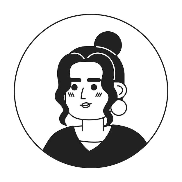 Top knot bun latina pretty smiling black and white 2D vector avatar illustration Headshot hispanic woman big earring outline cartoon character face isolated Relaxed pose flat user profile image