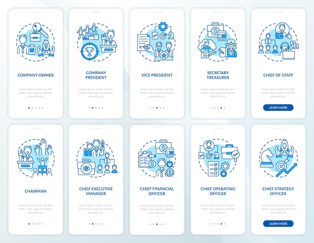 Top management onboarding mobile app page screen with concepts set