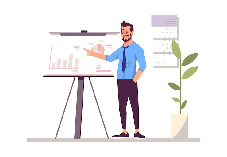 Vector top manager, businessman flat vector illustration. corporate training, conference, business analytics, annual report. entrepreneur near whiteboard isolated cartoon character. marketer, boss, leader