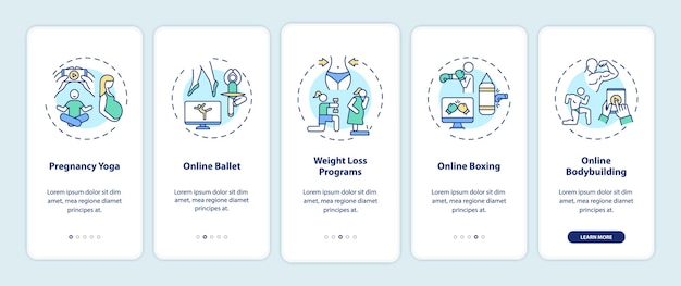 コンセプトを備えたモバイルアプリページ画面をオンボーディングするトップオンラインワークアウトプログラム。妊娠中のヨガ、減量のチュートリアルRGBカラーイラスト付きの5ステップUIテンプレート