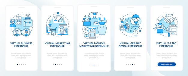 top remote internship fields onboarding mobile app page screen. fashion marketing walkthrough 5 steps graphic instructions with concepts. ui, ux, gui vector template with linear color illustrations