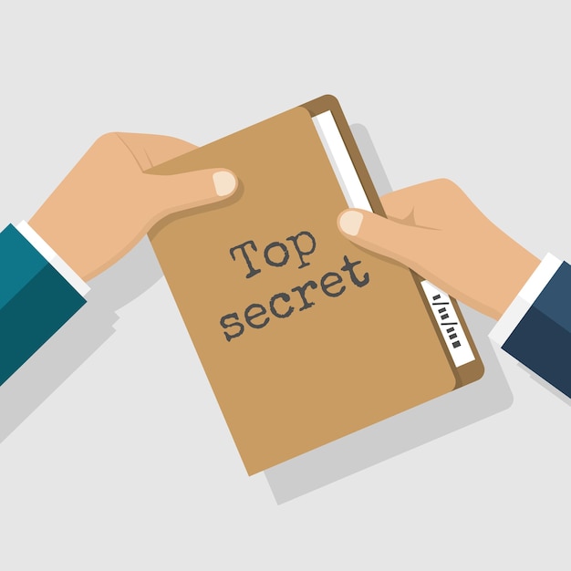 Top secret concept Folder with classified documents giving in hands Deal transmission of information bribe message Vector illustration flat design