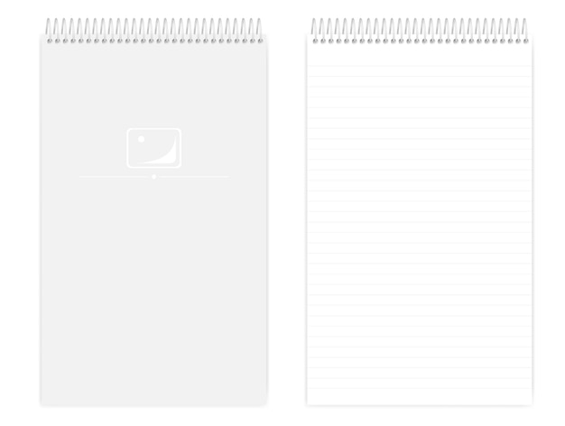 상단 나선형 줄 지어 노트북 페이지 및 앞 표지 모형 와이어 바인딩된 메모장 모형