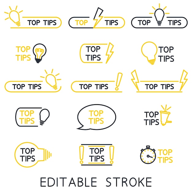 Top tips helpful tricks tooltip hint for website Helpful idea outline icons