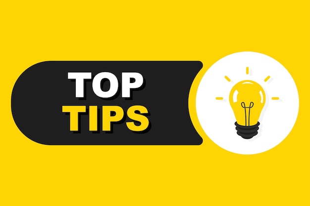 Top tips logo with light bulb useful practical advice button quick tips helpful tricks tooltip advice and idea for business and advertising banner design for business and advertising