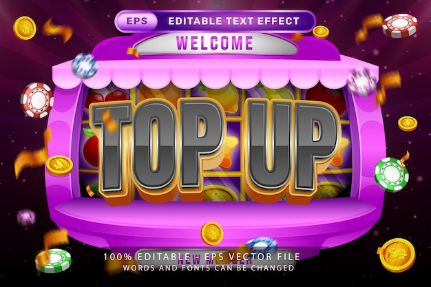Вектор Верхний 3d текстовый эффект и редактируемый текстовый эффект с иллюстрацией игрового автомата подиума