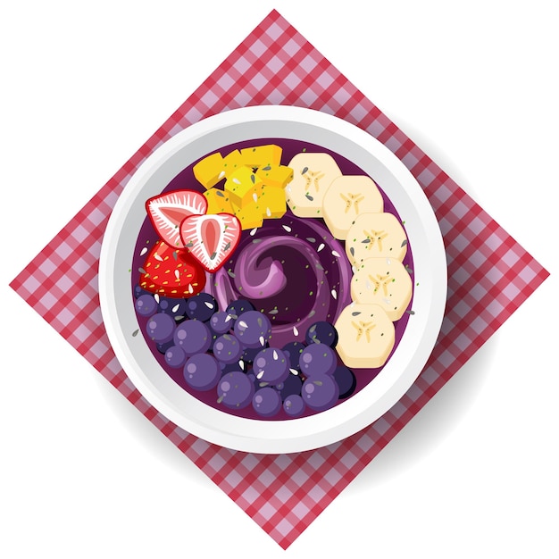 흰색 배경에 상위 뷰 Acai 음식 그릇과 플레이스매트