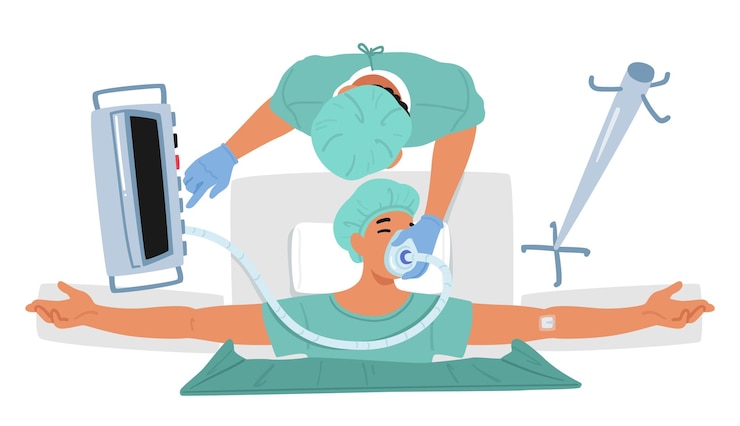 Vector top view of anesthesiologist character places mask on patient face during surgery ensuring precise delivery of anesthesia for a safe procedure cartoon people vector illustration