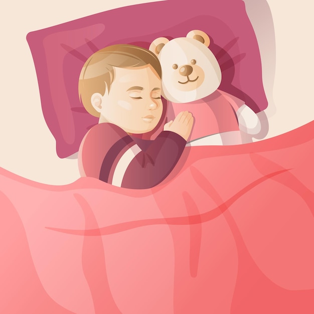 Вид сверху на ребенка, спящего в постели с плюшевым мишкой