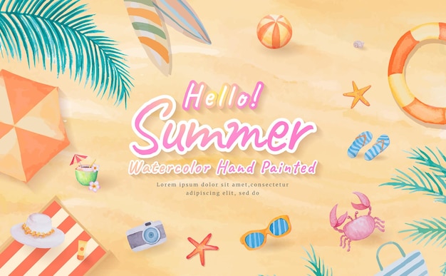 Vista dall'alto sulla spiaggia di sabbia con tavola da surf, ombrellone, palla, anello da bagno, occhiali da sole, cappello, sandalo, stelle marine durante le vacanze estive in viaggio di turismo tropicale. acquerello dipinto a mano.