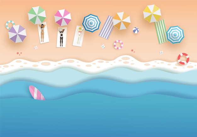 Top view beach and sea with women in bikini set and umbrellas in summer. vector paper art concept.