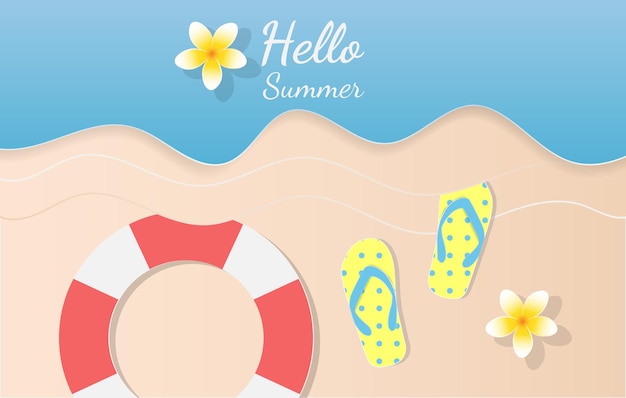 Vector top view of the beach with sandals swim tube and plumeria flower summer background paper art style vector illustration