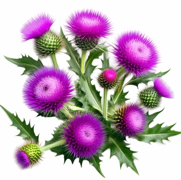 Top view beautiful flower arrangement isolated on white background with Thistle