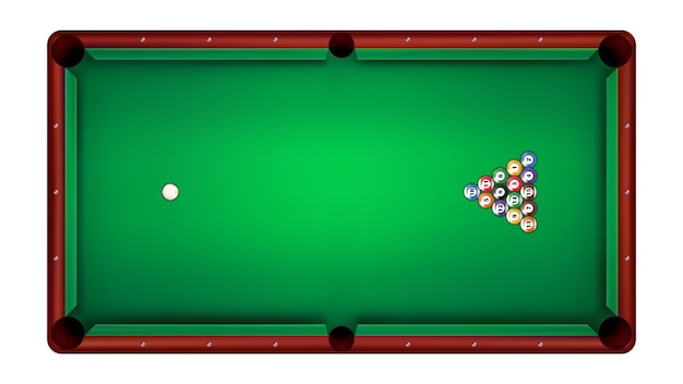 Top view of billiard table and billiard balls