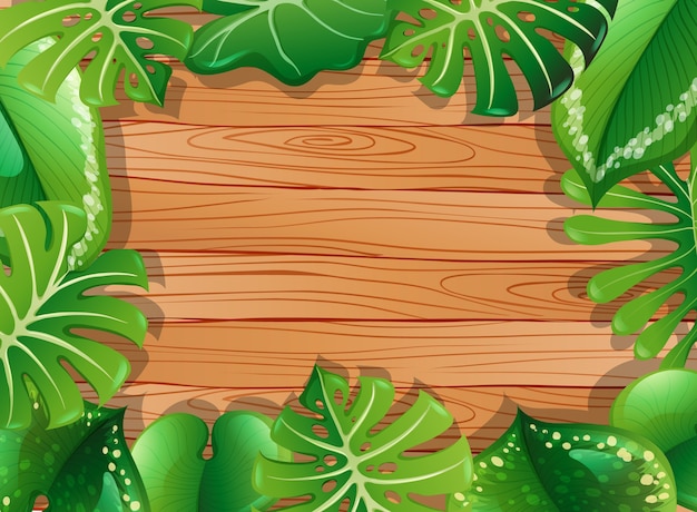 top view of blank wooden table with leaves elements