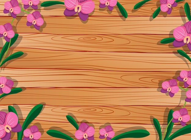 Top view of blank wooden table with leaves and pink orchids elements