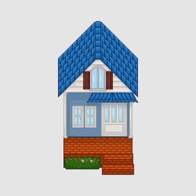 top view blauw dak tegels huis gebouw in pixel art stijl