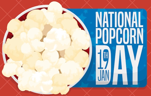 Vector top view of a bowl with corn popped in squared tablecloth and greeting for national popcorn day