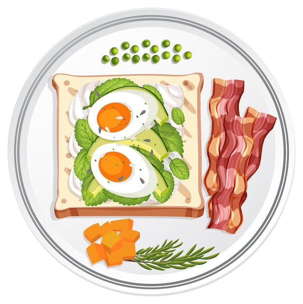 Vector top view of breakfast dish with egg on bread and bacon