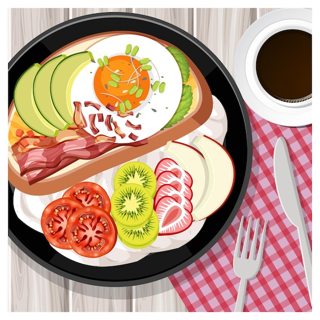 Top view of breakfast meal in cartoon style on the table