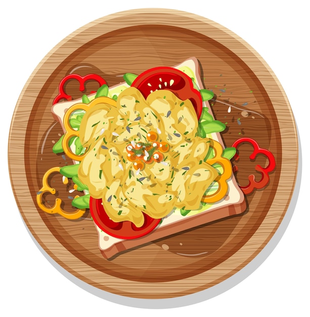 Top view of breakfast set in a dish in cartoon style isolated