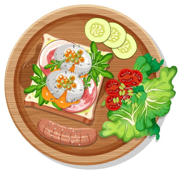 Top view of breakfast set in a dish in cartoon style isolated