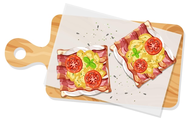 Top view of breakfast set in a dish in cartoon style isolated