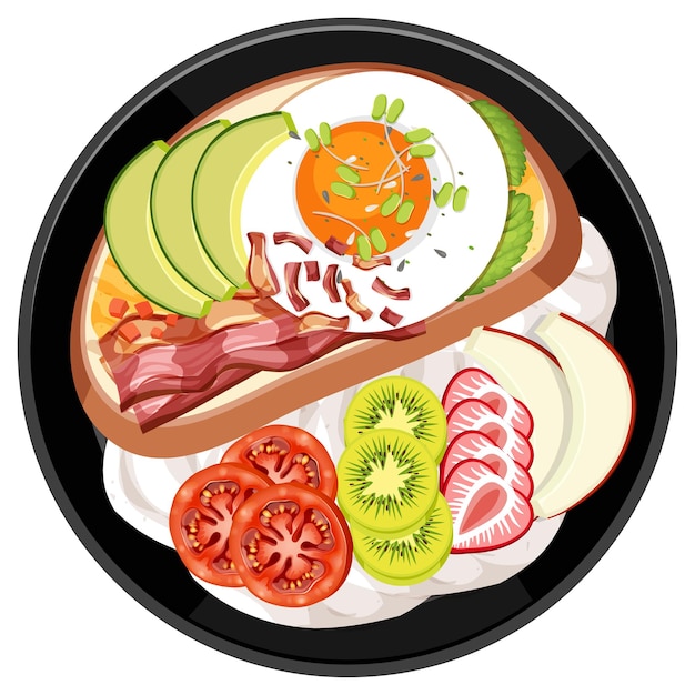 Top view of breakfast set in a dish in cartoon style isolated