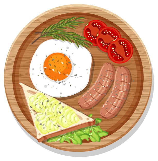 Top view of breakfast set in a dish in cartoon style isolated