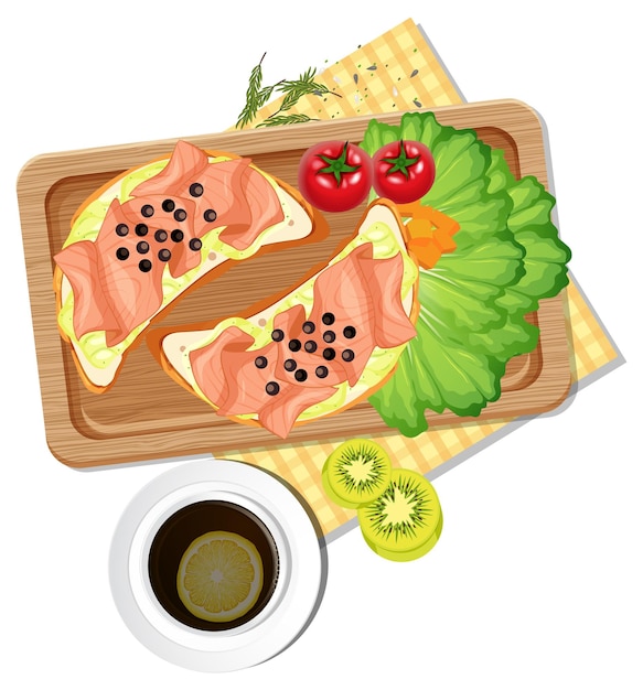 Top view of breakfast on wooden tray