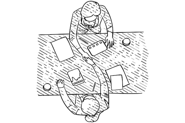 Top view of business meeting agreement between two business women handshake concept hand drawn vector illustration design