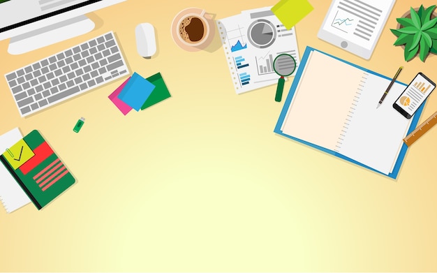 Top view of business table desk flat design