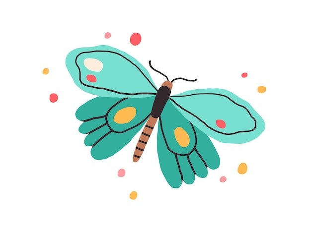 Top view of butterfly with bright spotty wings. Exotic flying insect in doodle style. Colored flat vector illustration isolated on white background.