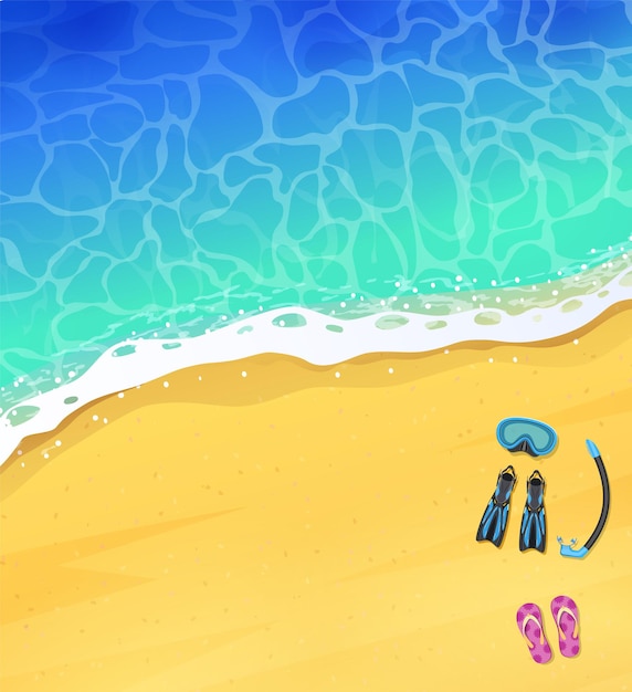 青い波と穏やかな海のビーチの上面図