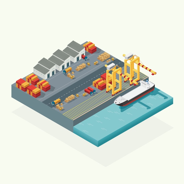 벡터 배송 마당에서 작업 크레인 수입 수출 운송 업계와 상위 뷰화물 물류 및 운송 컨테이너 선박. 아이소 메트릭 일러스트 벡터